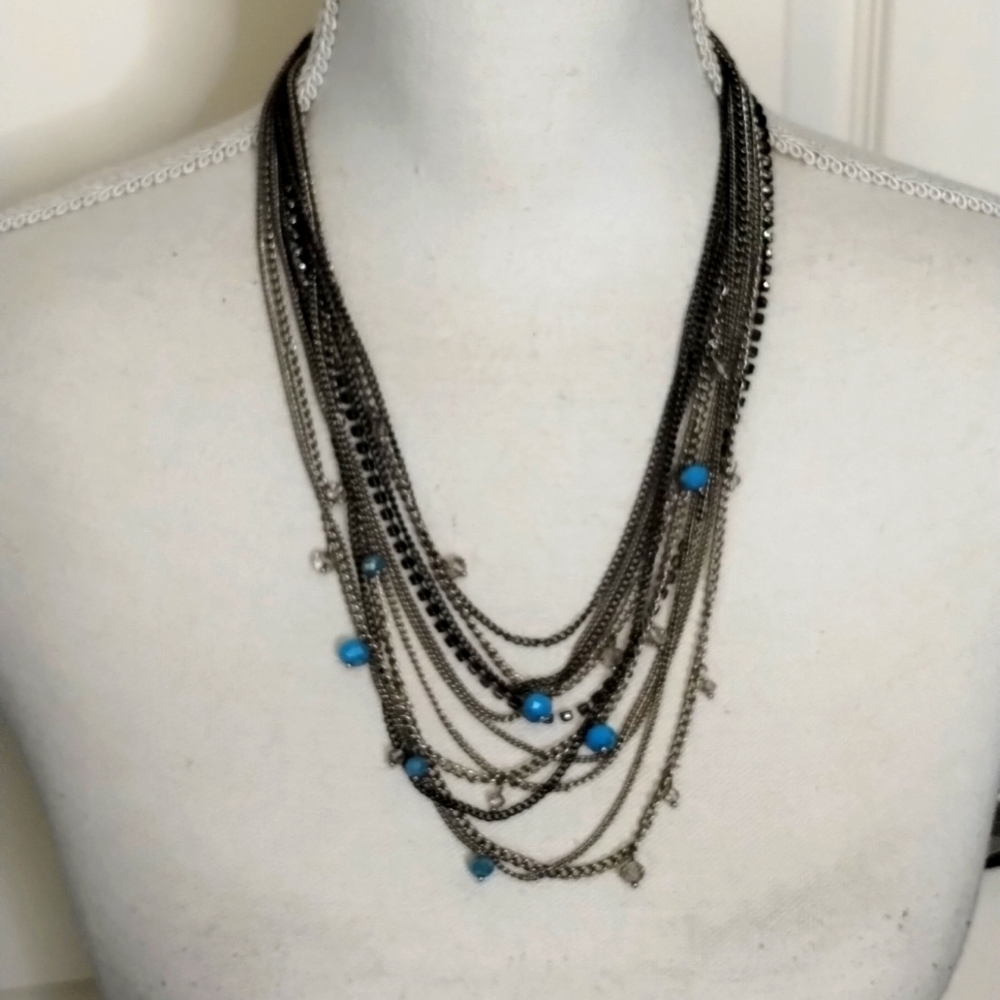 Multi layered silver chain necklace women's turquoise and clear stone beads